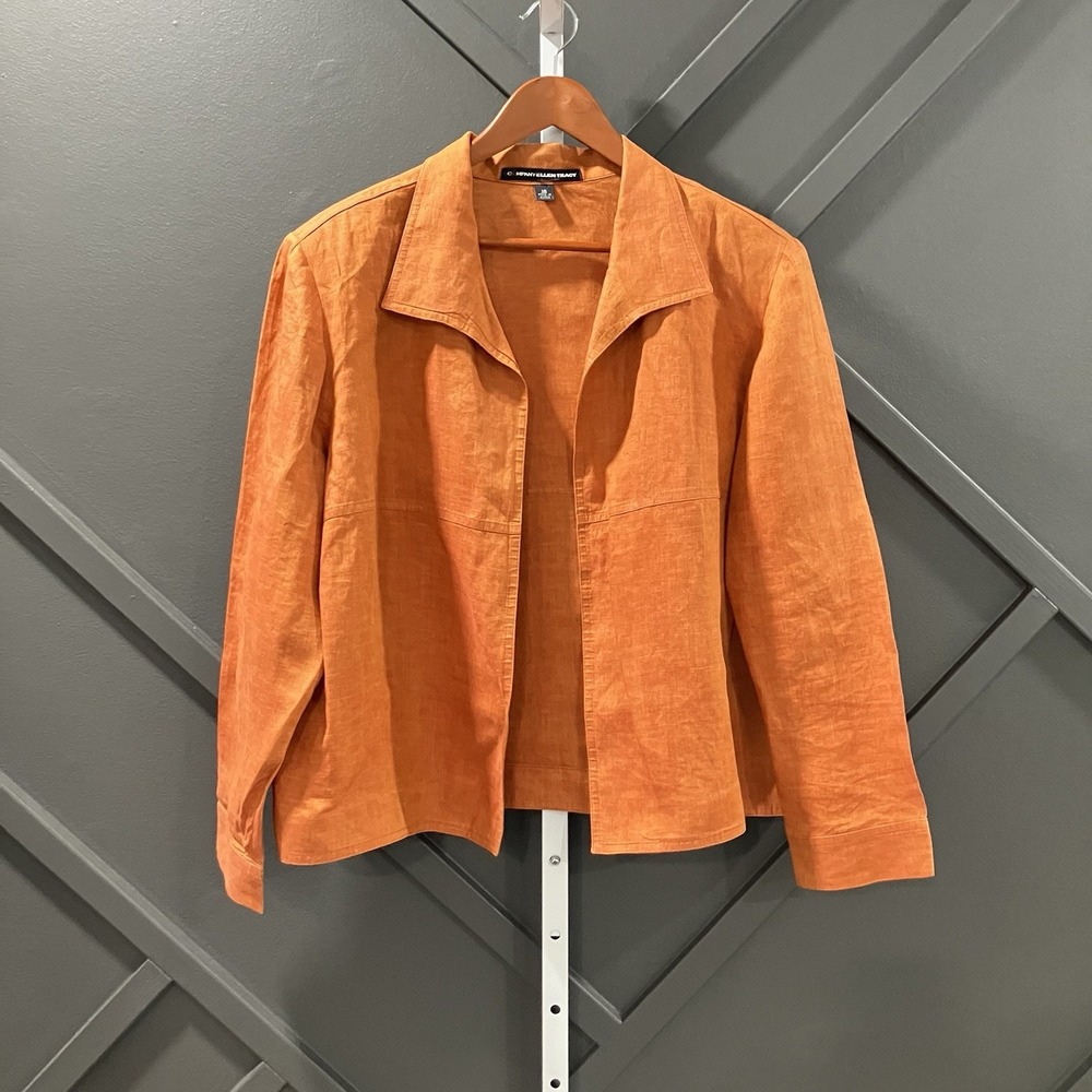 Company Ellen Tracy 100% Linen Orange Open Front Jacket Blazer Womens Size 18